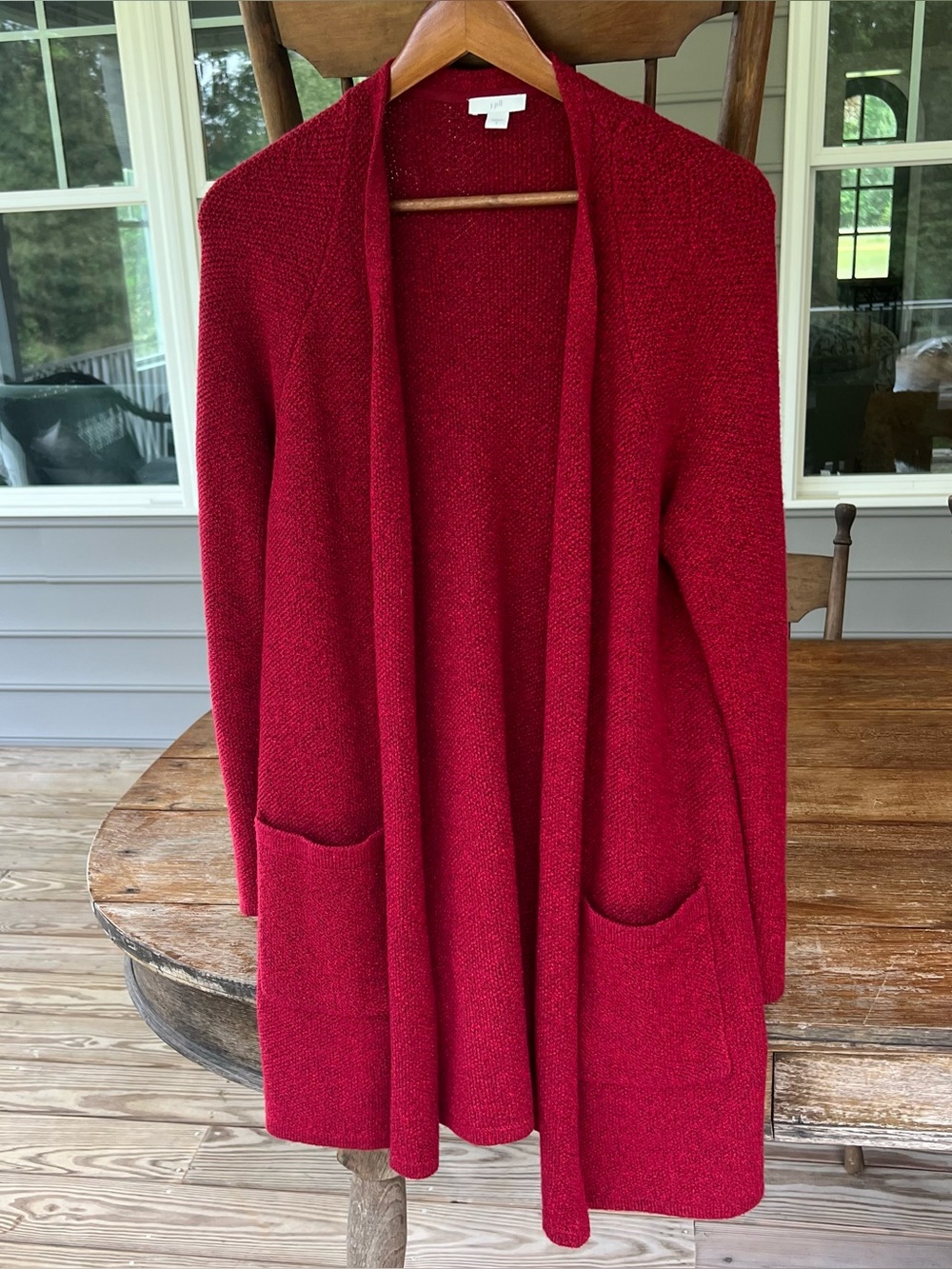 J. Jill Open Front Cardigan Sweater Marled Knit Red Pockets Duster Long Small